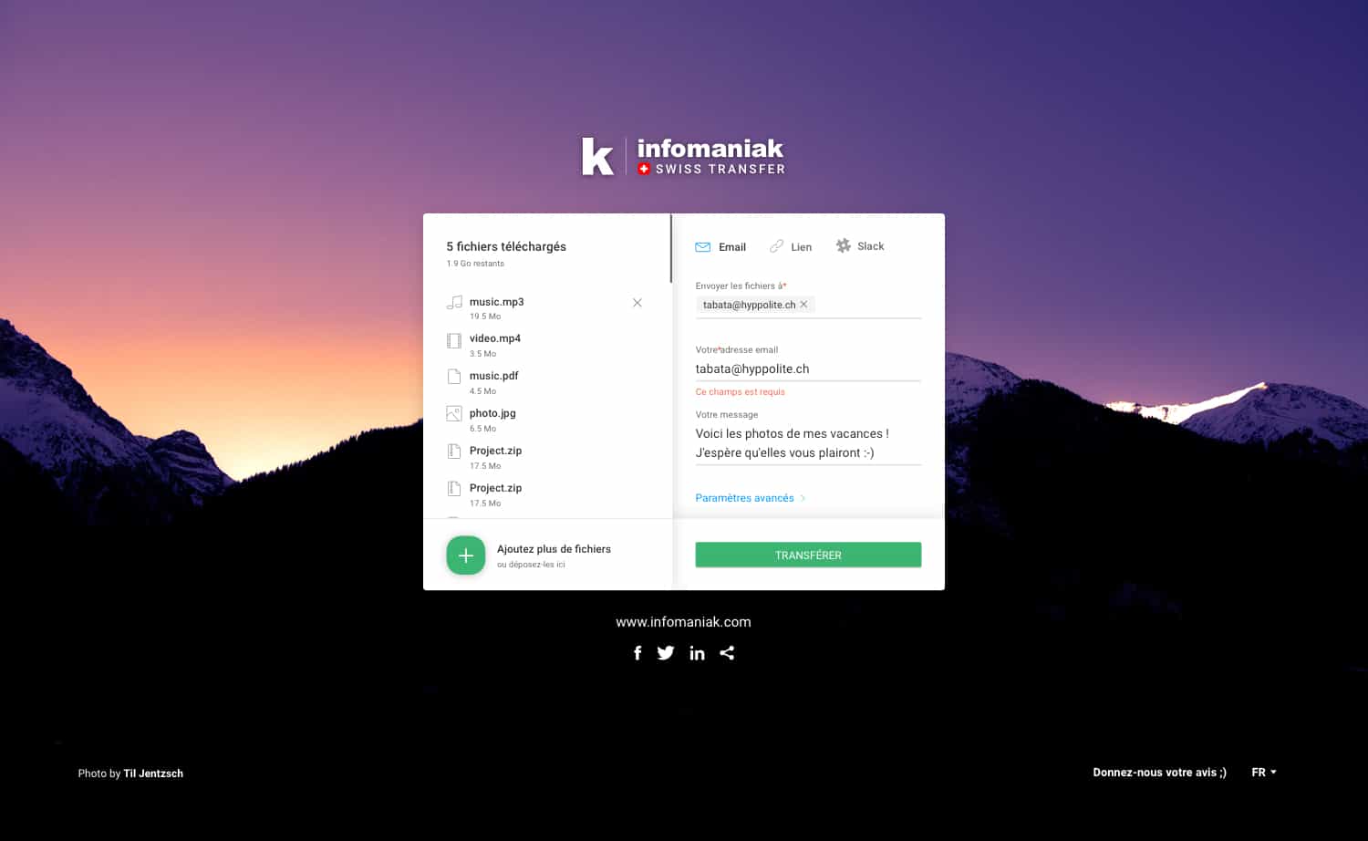 Swisstransfer upload des fichiers